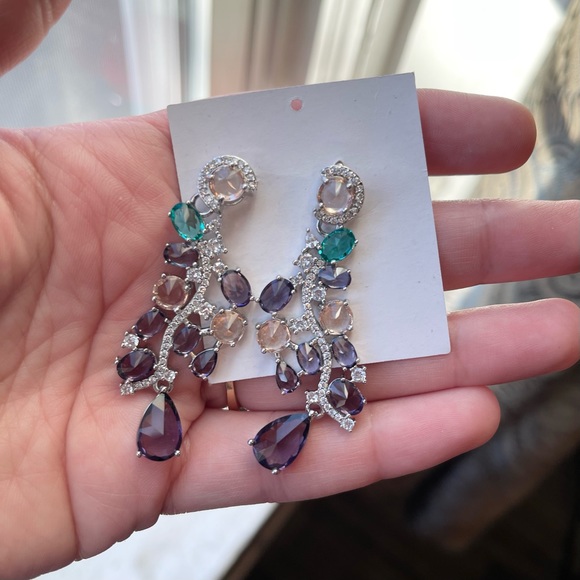 Cubic Zirconia Purple Green Drop Stud Earrings - Picture 3 of 8